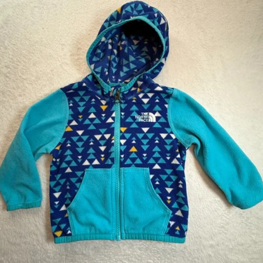 The North Face Blue Print Zip Front Fleece Hooded Jacket- Size 6-12 Months - Picture 1 of 4